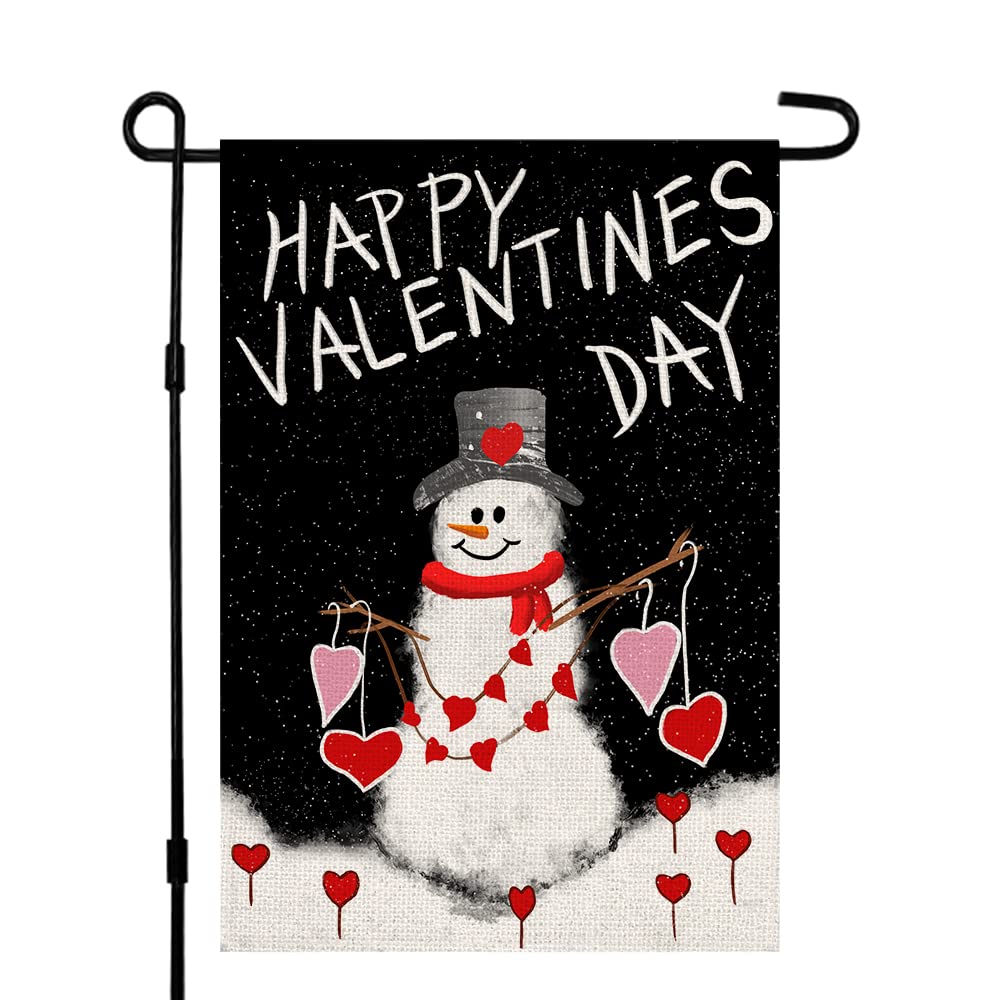 Happy Valentines Day Garden Flags for outside Decorations 12×18 Inch Burlap Vertical Double Sided, Snowman Love Heart Small Signs Seasonal Farmhouse Yard Flag DF419