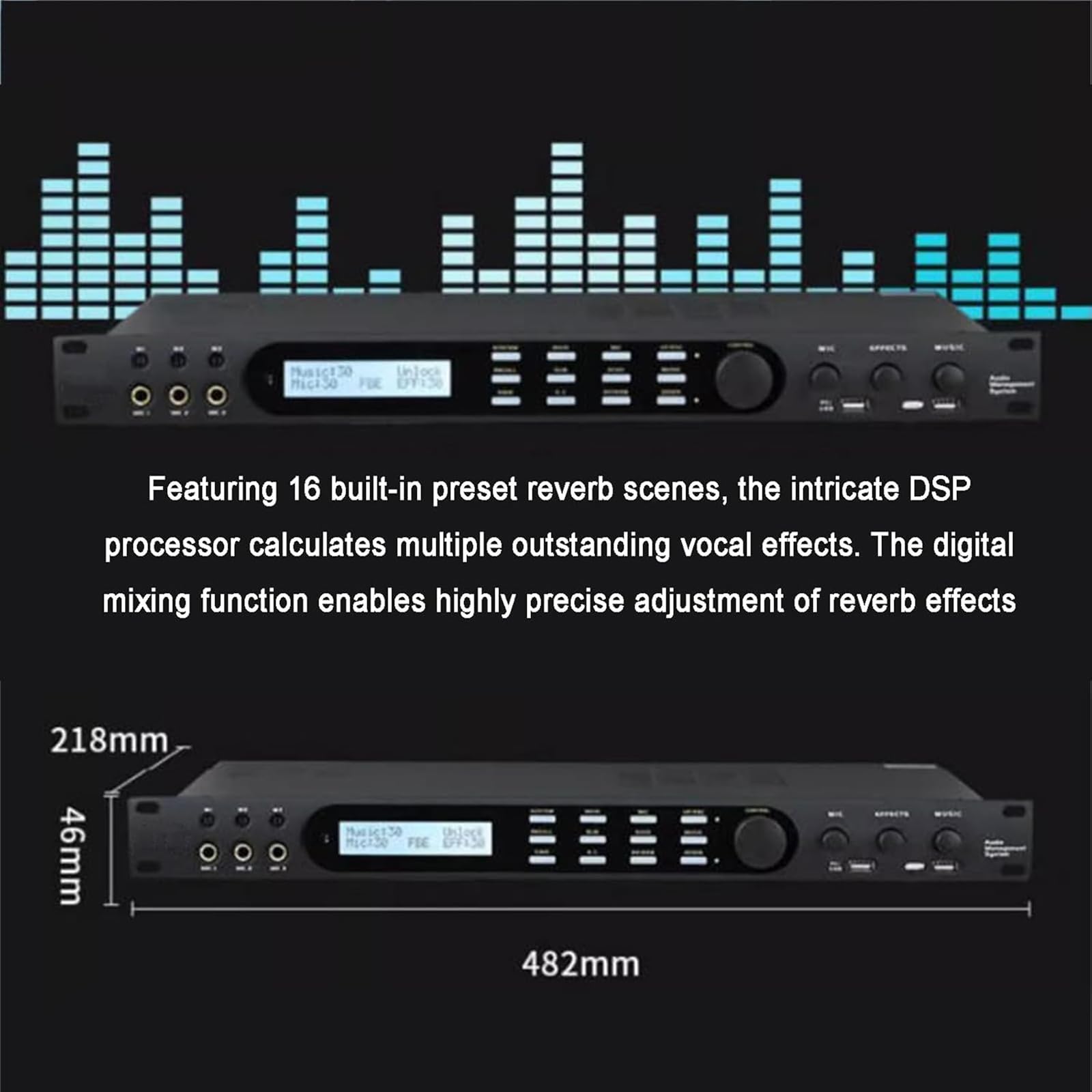 Procesador de audio digital, supresor de retroalimentación con control remoto, 4 entradas de micrófono, 16 efectos preestablecidos, conexión USB para KTV y uso en escenario