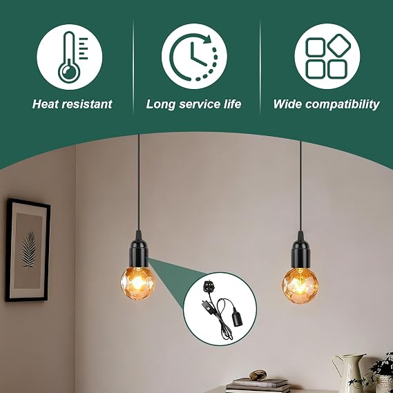 E27 Pendant Light, Ceiling Fitting with Switch, 1.8m Textile Cable, UK Plug, Adjustable Length, Compatible with E27 Bulbs, Ideal for DIY, Living Room, Bedroom, Kitchen & Home Decor Lighting (Black) [Energy Class A++]