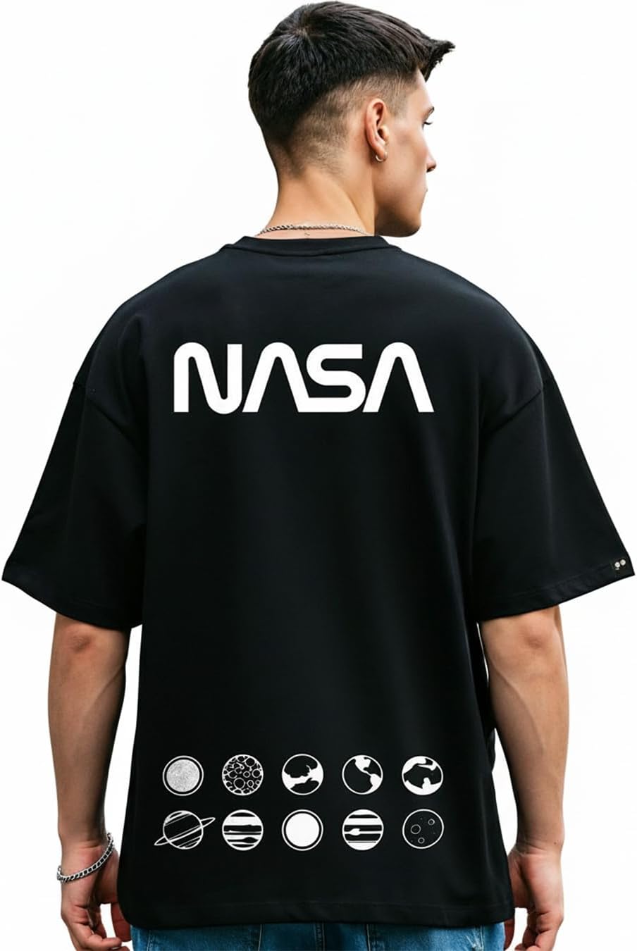 Official NASA Merchandise Men's 100% Cotton 220 GSM Graphic Print Oversized Fit Round Neck T-Shirt