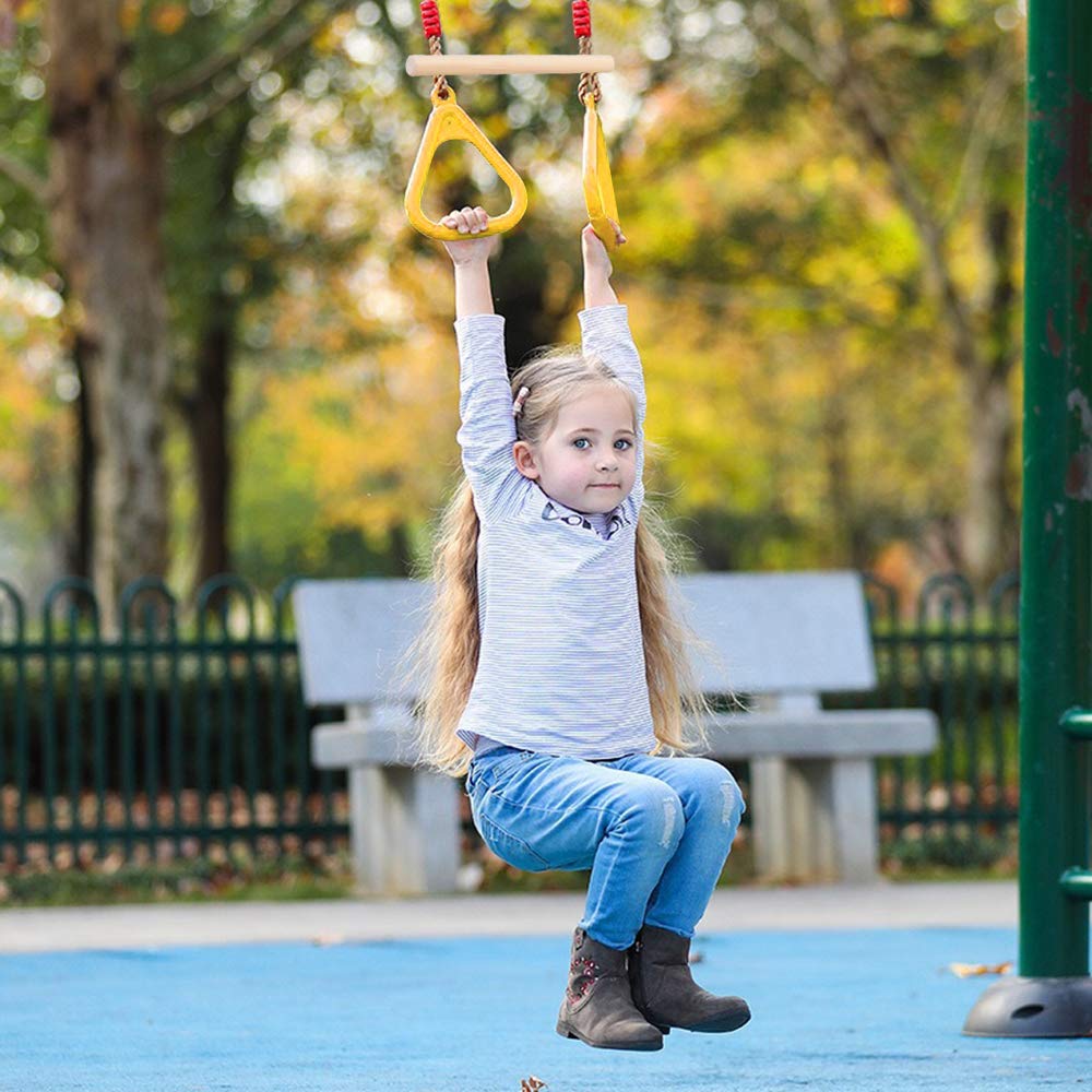 GOLDGE Trapez Schaukel Holz Schaukel Outdoor mit Kunststoff Turnringe Kinder Belastbar bis 120KG und Dinosaurier Aufkleber, Einstellbar Schaukel Kinder Trapez Kinderschaukel Outdoor & Indoor