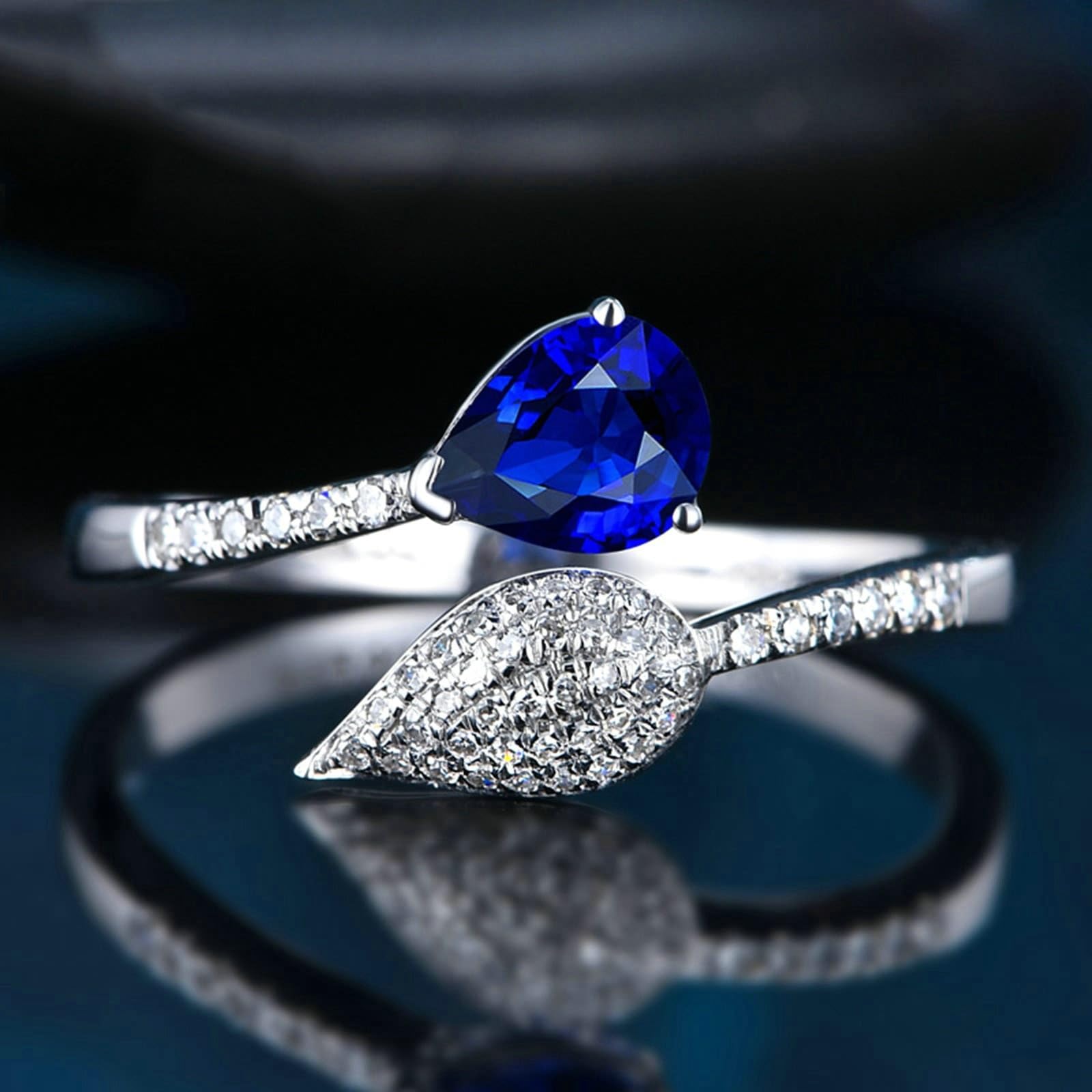 Eheringe Lesben, Ring Damen Ausfallend Verstellbar 18 Karat Weißgold Lab Saphir 0.52CT Blau Tropfenschliff VVS mit Diamant Natur Weiß Npassbar