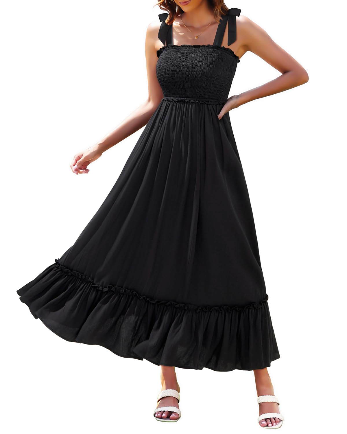 Women's Summer Spaghetti Strap Maxi 2024 Square Neck Boho Smocked Tiered Beach Long Flowy Sundress