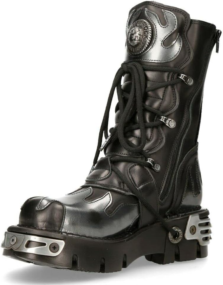 New Rock 591-S2 Women's Boots Black Flame Metallic Black Leather Goth Punk Biker Fashion 3