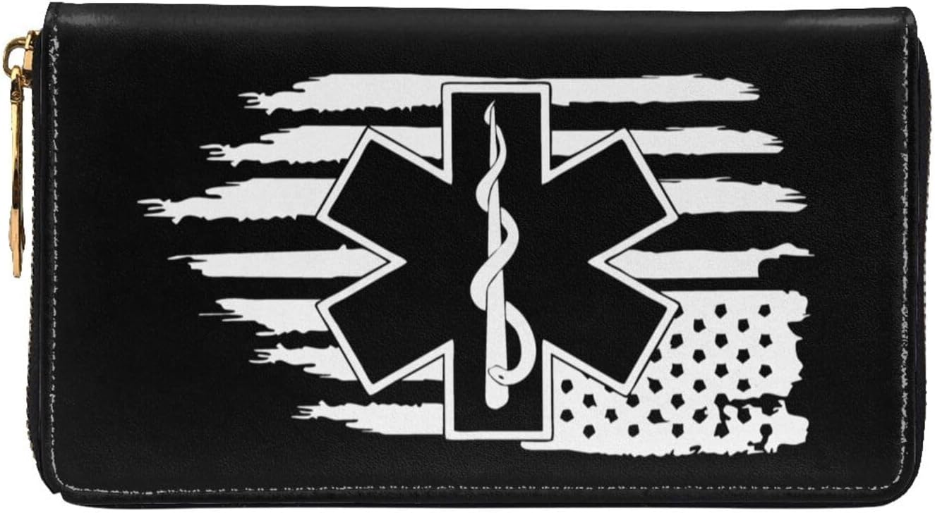 American Flag EMS Star Of Life EMT Paramedic Long Leather Clutch Wallet with Dual-Sided Print - Storage bag (12 Card Slots, Zippered Coin Pocket)