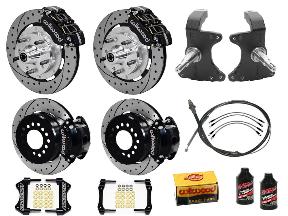 Wilwood Dynapro 12" Front & D154 12" Rear Big Brake Kit Combo With 2" Drop Spindle P-Brake Cable Brake Lines & Fluid Black Drilled Fits 1964-1974 GM A/F/X Body With 12 Bolt W/C-Clips 2.75/2.81" Offse