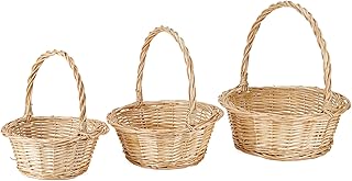 THY Collectibles Set of 3 Hand Woven Wicker Rattan Flower Baskets with Handle Harvest Baskets for Storage, Gift Baskets, Picnics, Easter Eggs, Organizing, Weddings, Markets, and More