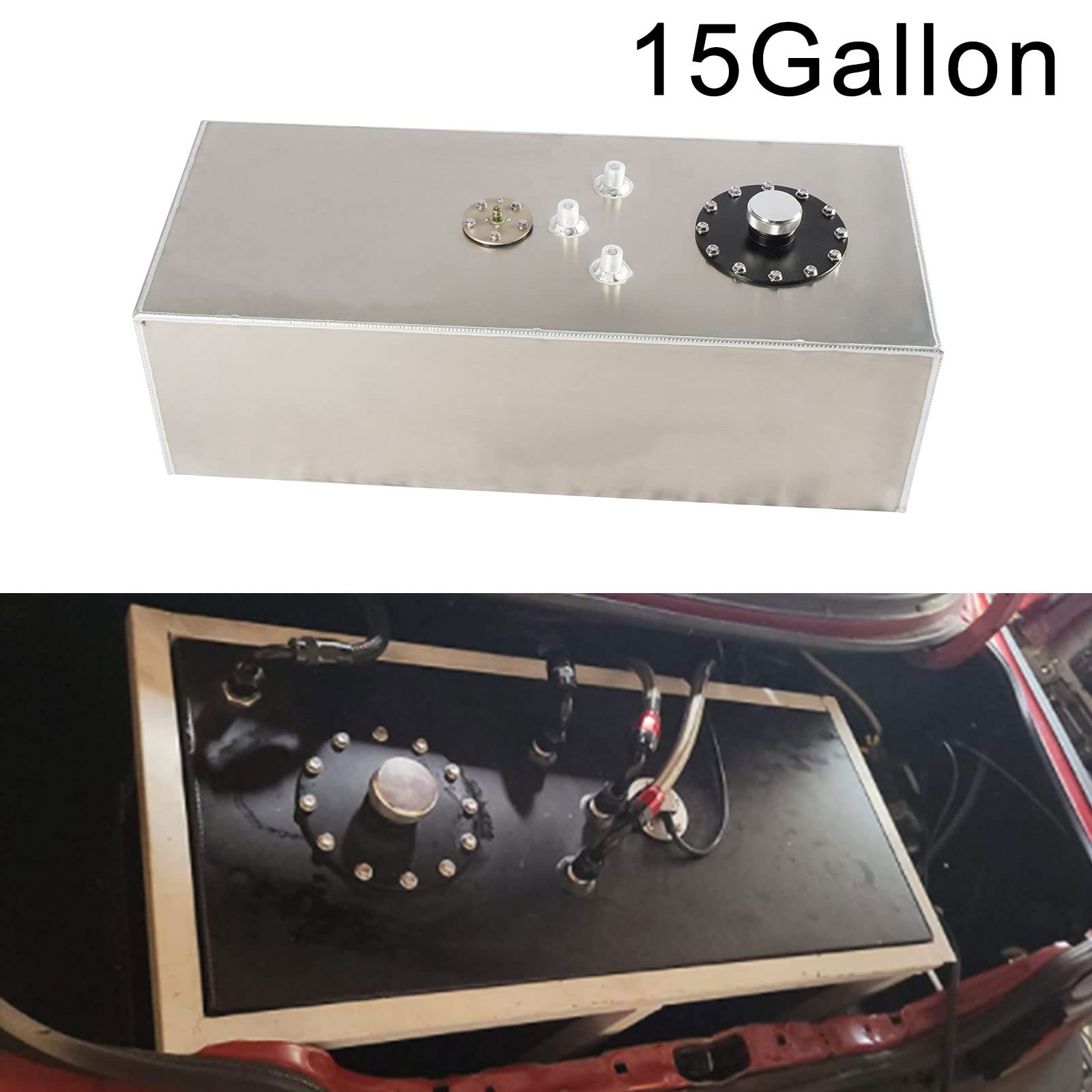 Tanque universal de celda de combustible de 15 galones de 57 L de aluminio con tapa y emisor de nivel, plateado pulido