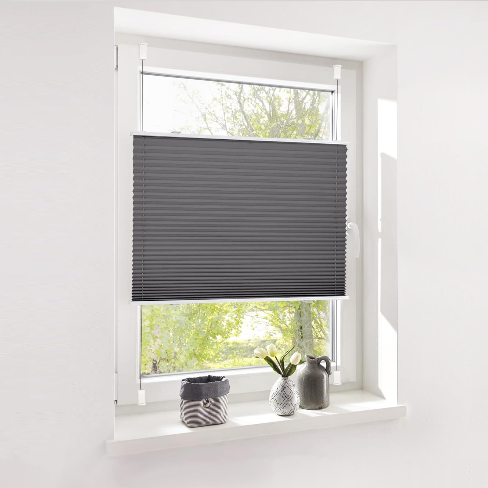 Deswell Plissee ohne Bohren Klemmfix Anthrazit B75 x H130 cm Plisseerollo Sonnenschutz und Sichtschutz Jalousien Easyfix Plissees Lichtdurchlässig Rollo für Fenster & Tür