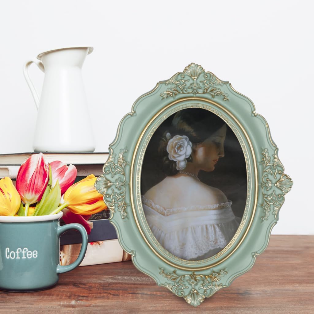 Condition photo showing Good Condition for Vintage 4x6 Picture Frame, Green Antique Picture Frame, Glass Front, Art Decor for Wall Hanging or Tabletop, Vintage Gold Stripe