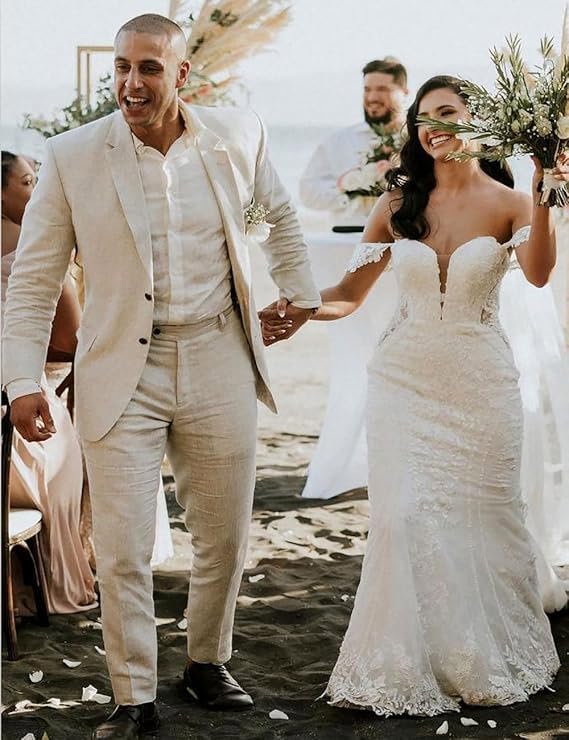 Summer Casual Men's Suits Regular Fit 2 Piece Prom Tuxedos Linen Blazer Pants for Beach Wedding2