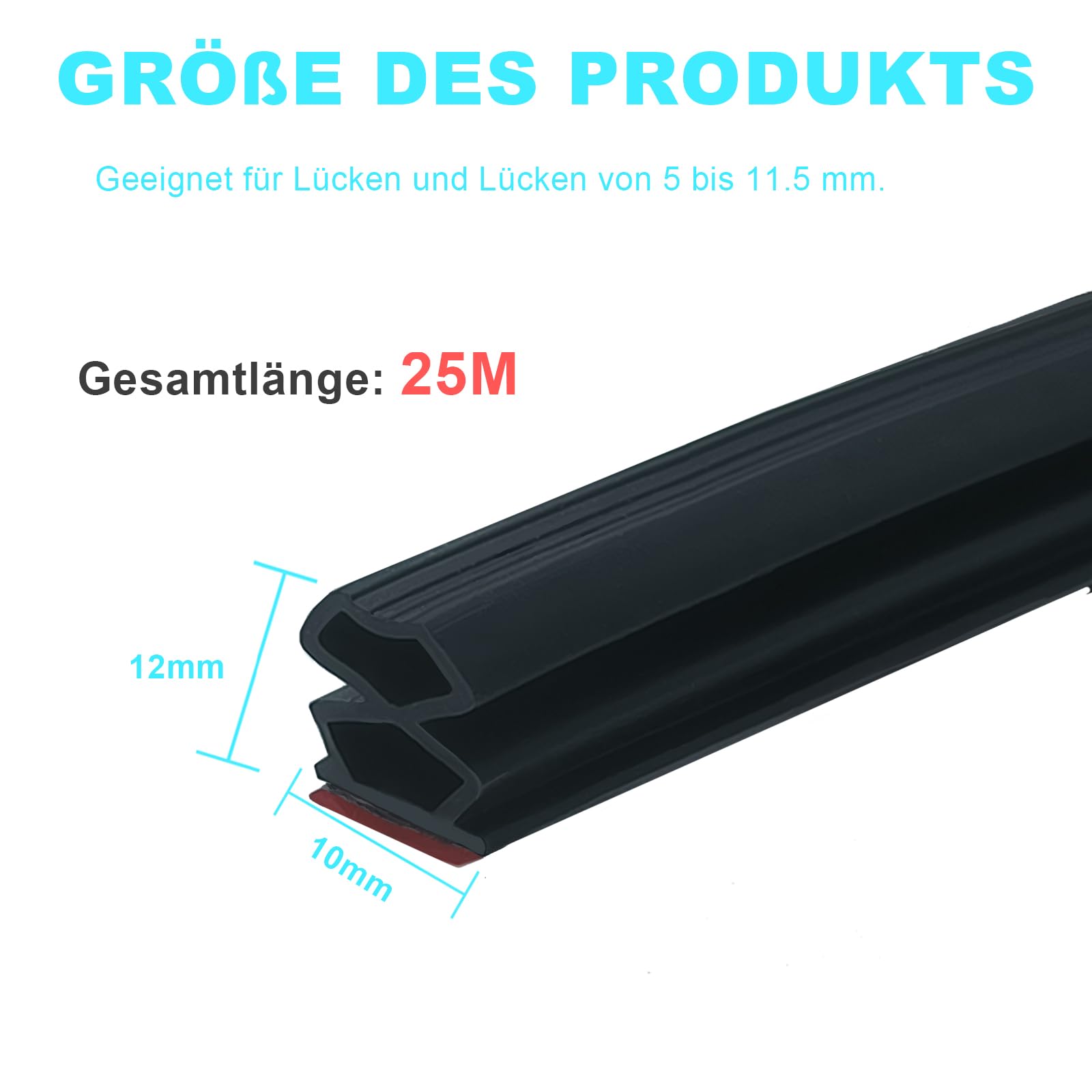 Cinta de sellado negra autoadhesiva 10 mm x 12 mm para puertas y ventanas, junta de goma/anticolisión/insonorizada/impermeable/25 m