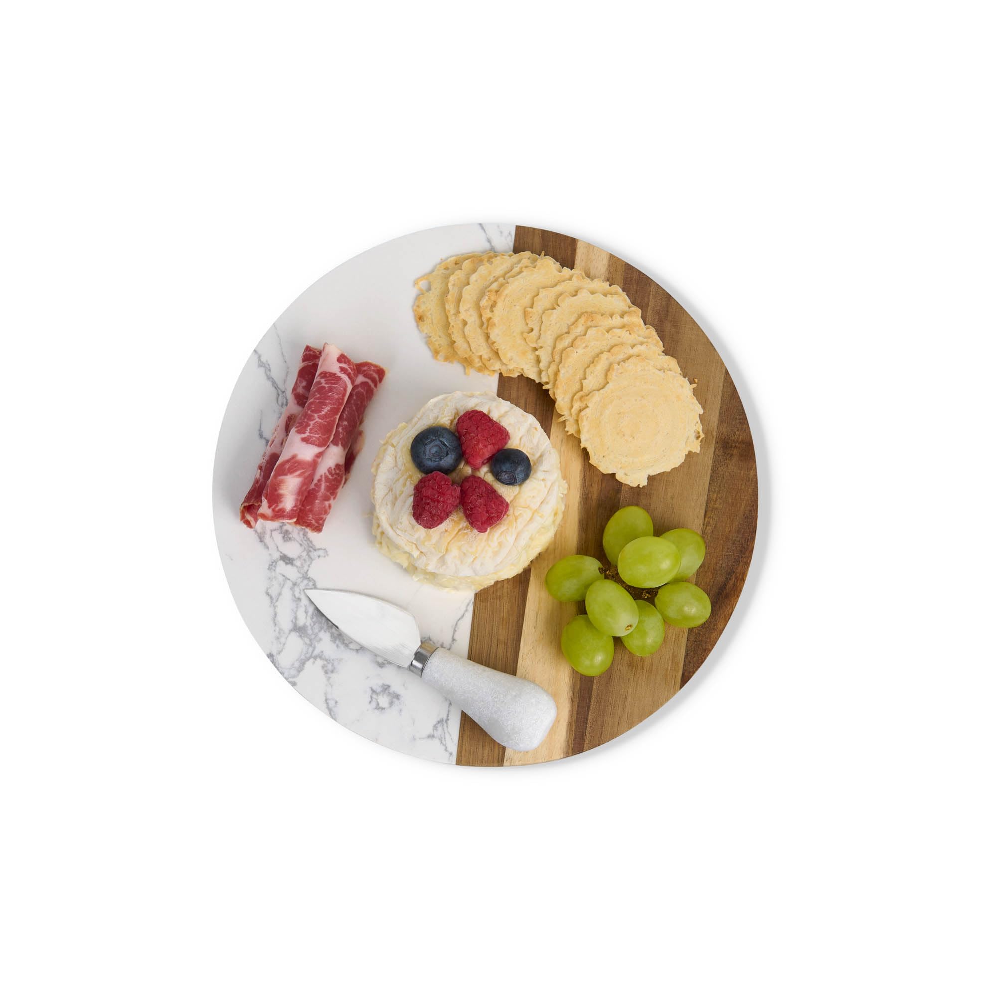 Maison du Fromage - Tabla de queso para embutidos, mármol cultivado y madera, redonda, 9.85 x 9.85 x 0.5 pulgadas