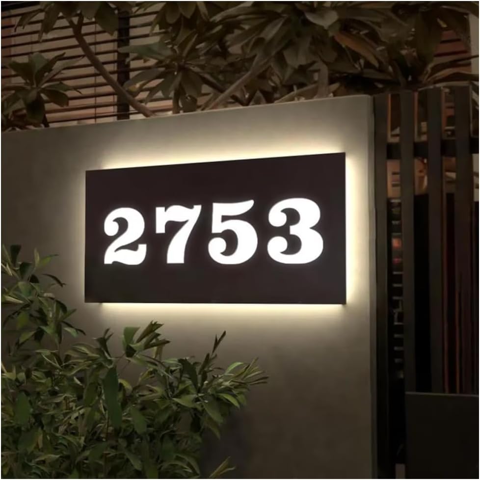 Custom Backlit LED House Number Sign for Outdoor, Modern Waterproof Backlit Stainless Steel Address Plaque, Personalized Illuminated House Number for Home, Yard, Street, Garage, Shop, Office – Solar or Plug-In Power