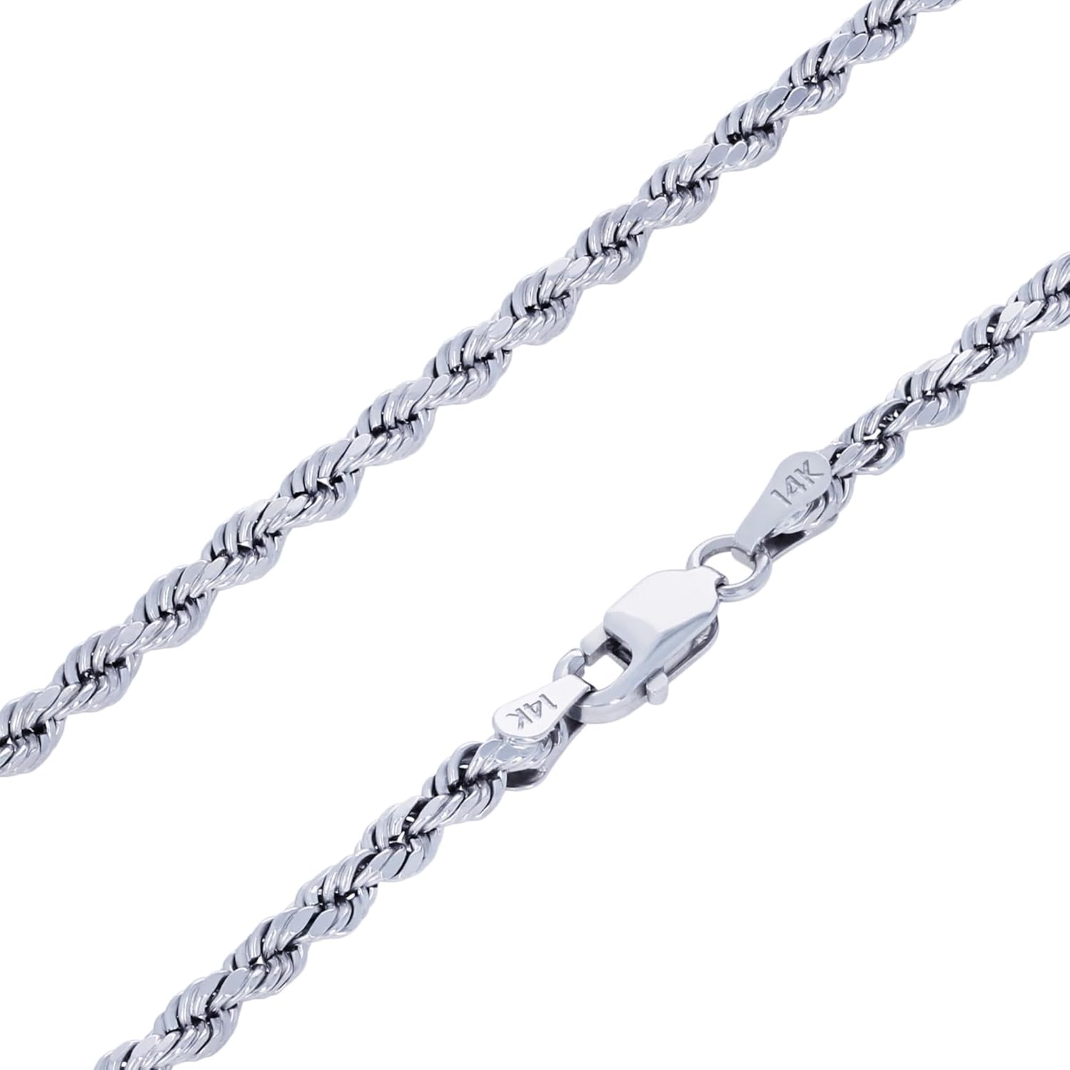Nuragold 14k White Gold 3mm Rope Chain Diamond Cut Bracelet or Anklet (7"-9") Italian Jewelry for Men & Women