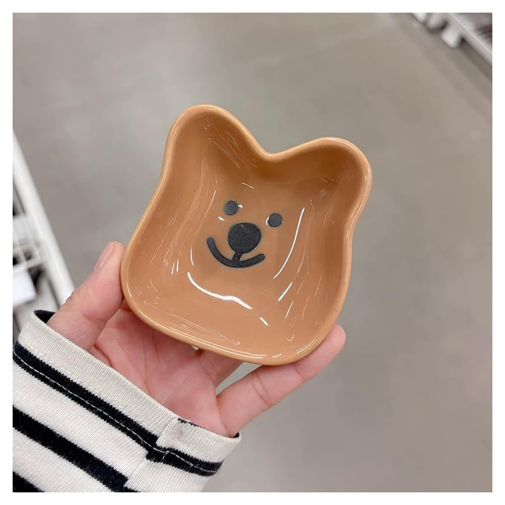 (2 Pieces) Ceramic Small Dish Home Cute Dipping Soy Sauce Seasoning Sushi Vinegar (Bear plate,Brown)
