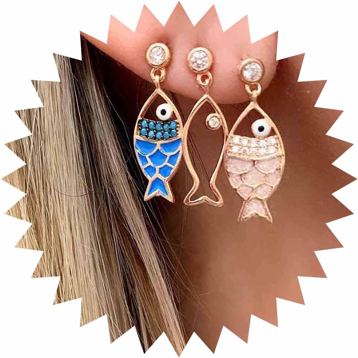 Boho Crystal Fish Dangle Earrings Vintage Hollow Fish Stud Earrings Colorful Cute Fish Earrings Resin Sea Fish Drop Earrings Jewelry for Women
