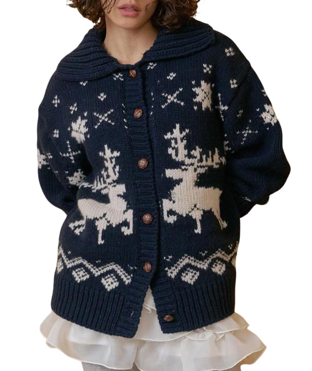 CHARTOU Women Chunky Fair Isle Cardigan Fall Winter Lapel Collar Button Down Sweater Coat Outwear