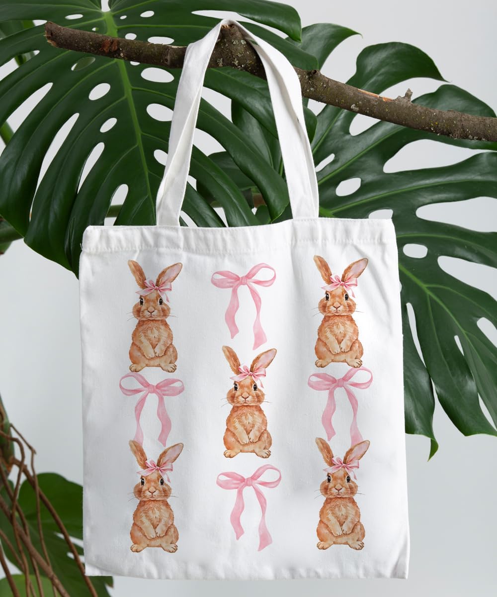 Coquette Pink Bow Bunny Canvas Tote Bag for Women, Pink Bow Themed Stuff Trendy Gifts for Women Teens Teen Girls, Cute Small Work Travel Shopping Tote Bags Grocery Reusable Bags - Image 7