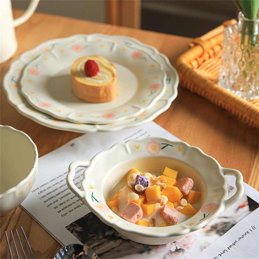 Piatti in Stile IC Piatto da Portata in Ceramica Piatto da Portata per Bistecca Torta Dessert Frutta Verdura Stoviglie (D 22,5x3cm)