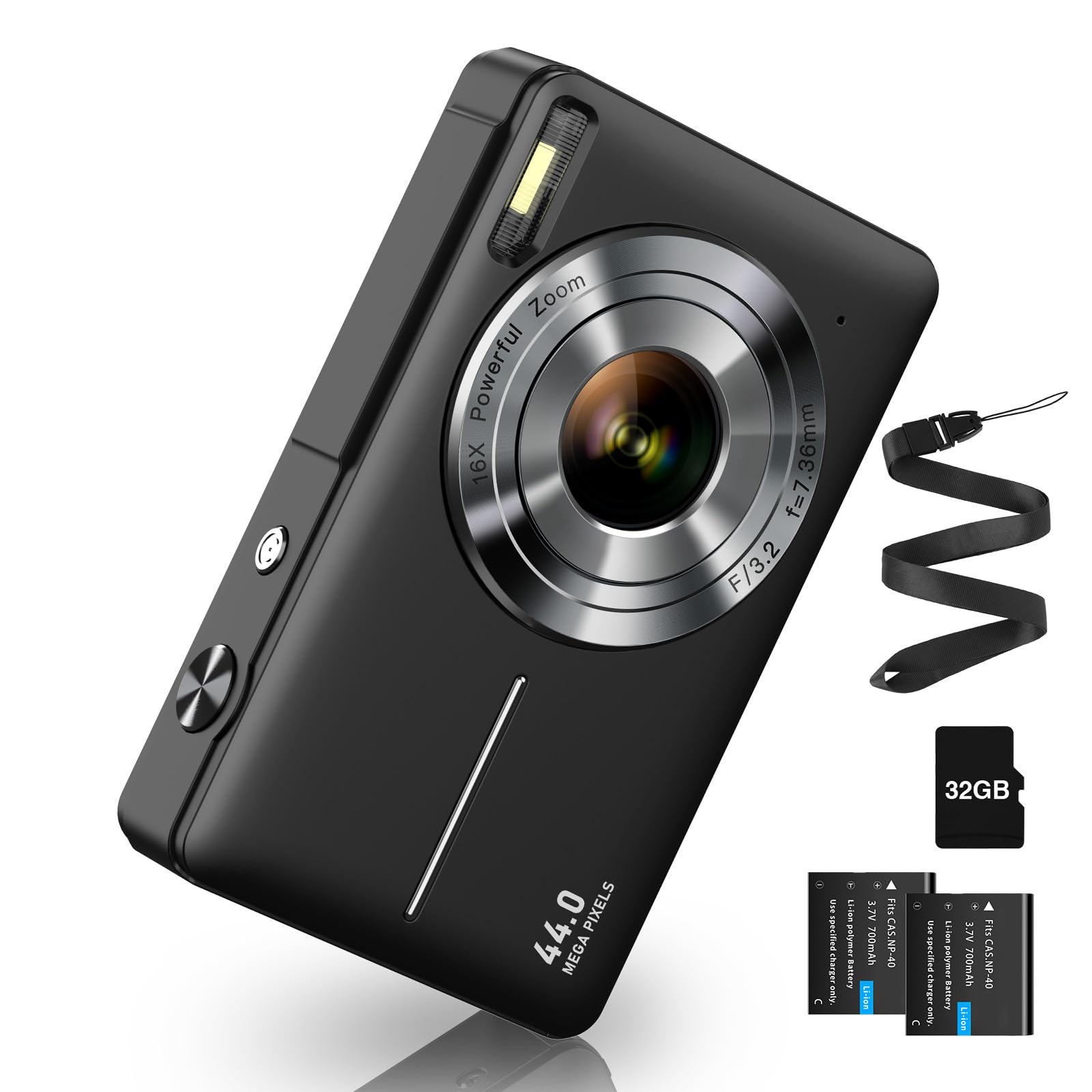 CAMKORY Digitale camera FHD 1080p 44MP kaart 32G digitale camera Zoom 16X beeldstabilisatie compacte camera's kinderen beginners 1 batterij zwart