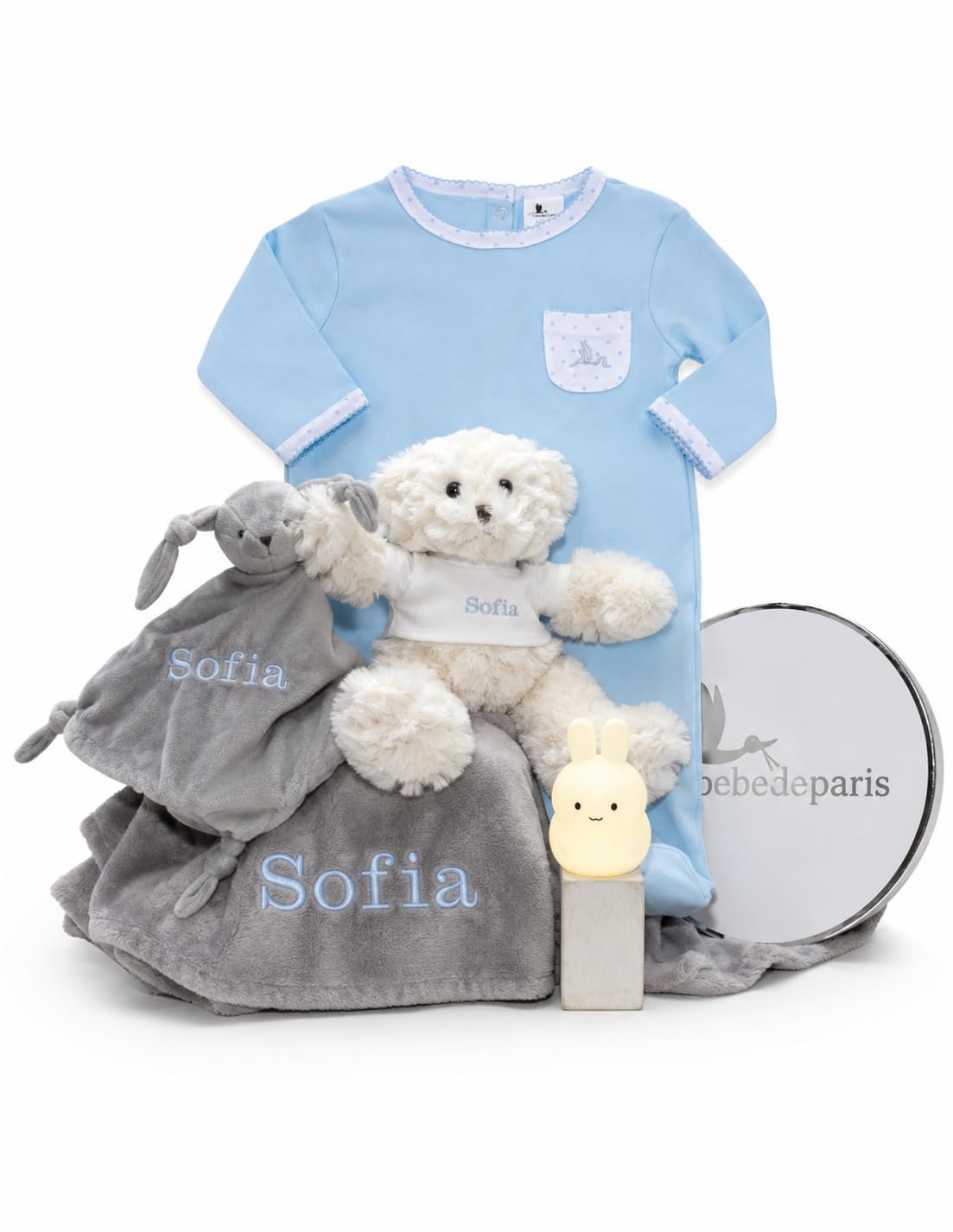 Regalo para Recién Nacido | Doudou Personalizado y Lampara de Luz Nocturna | Hecho a Mano en España | Caja de Regalo de Lujo (Azul) | BebeDeParis