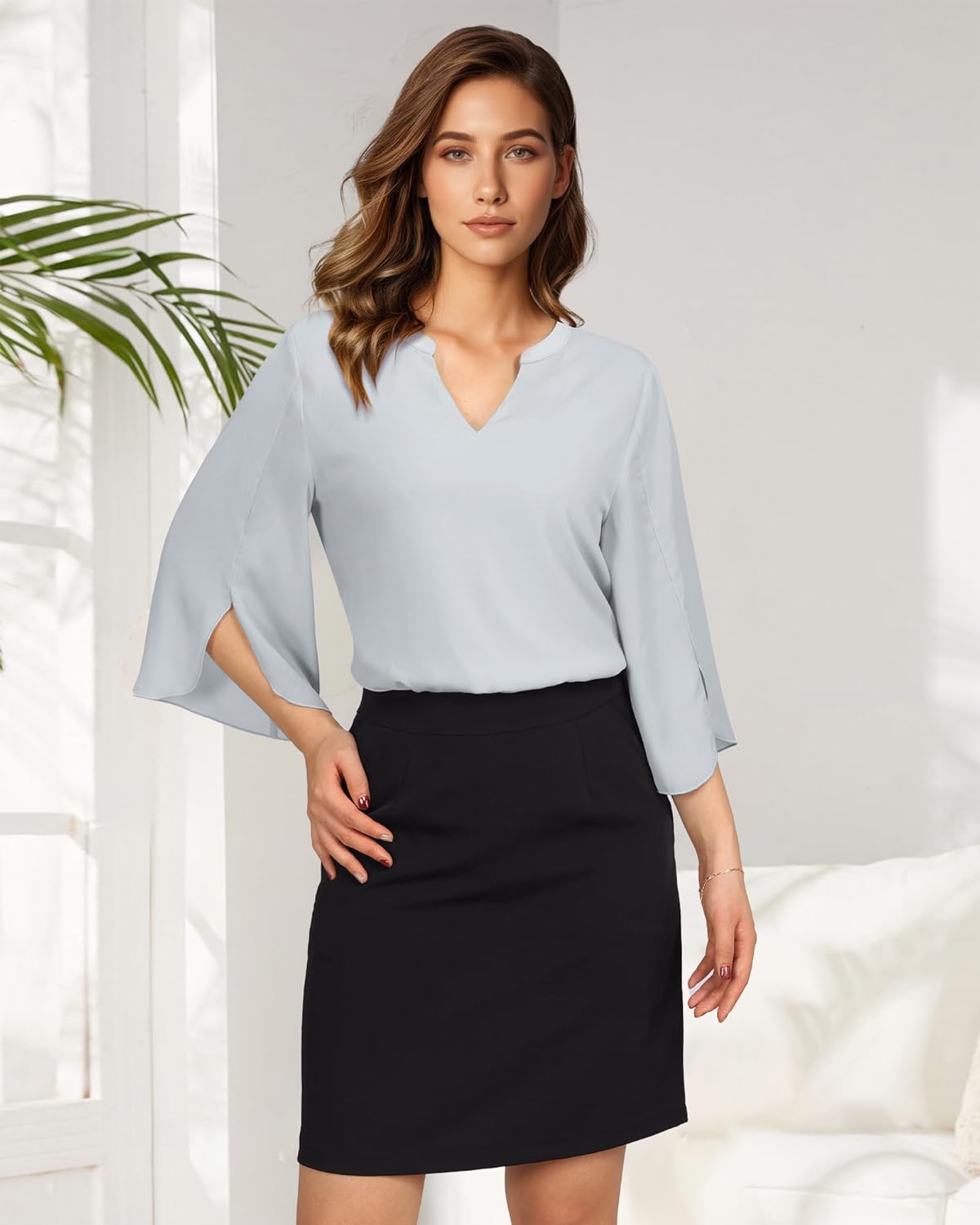 Bebonnie Womens Tops Dressy Casual Ruffle 3/4 Sleeve V Neck Double Layers Chiffon Blouses Tops - Image 4