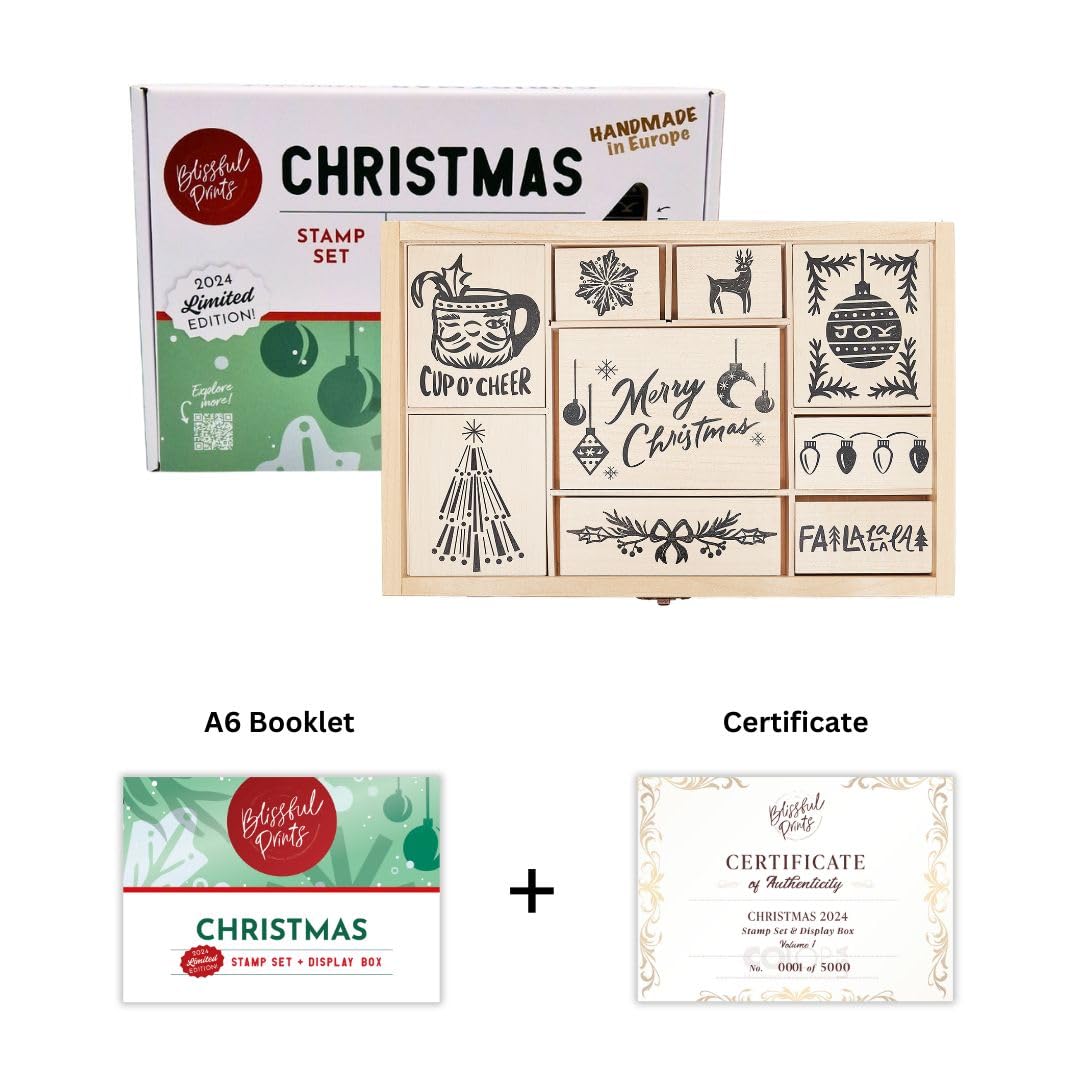 COLOP Blissful Prints - Set di 9 timbri natalizi con scatola decorativa, per biglietti di Natale, etichette regalo e spcapbooking (Natale)