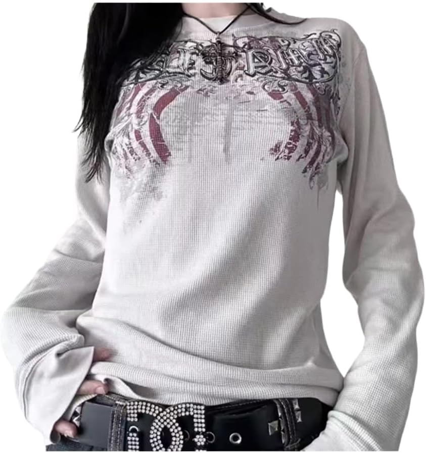 Womens Y2K Gothic Graphic Ribbed Sweatshirts Vintage Punk Long Sleeve Tops Grunge Streetwear Going Out Clothes