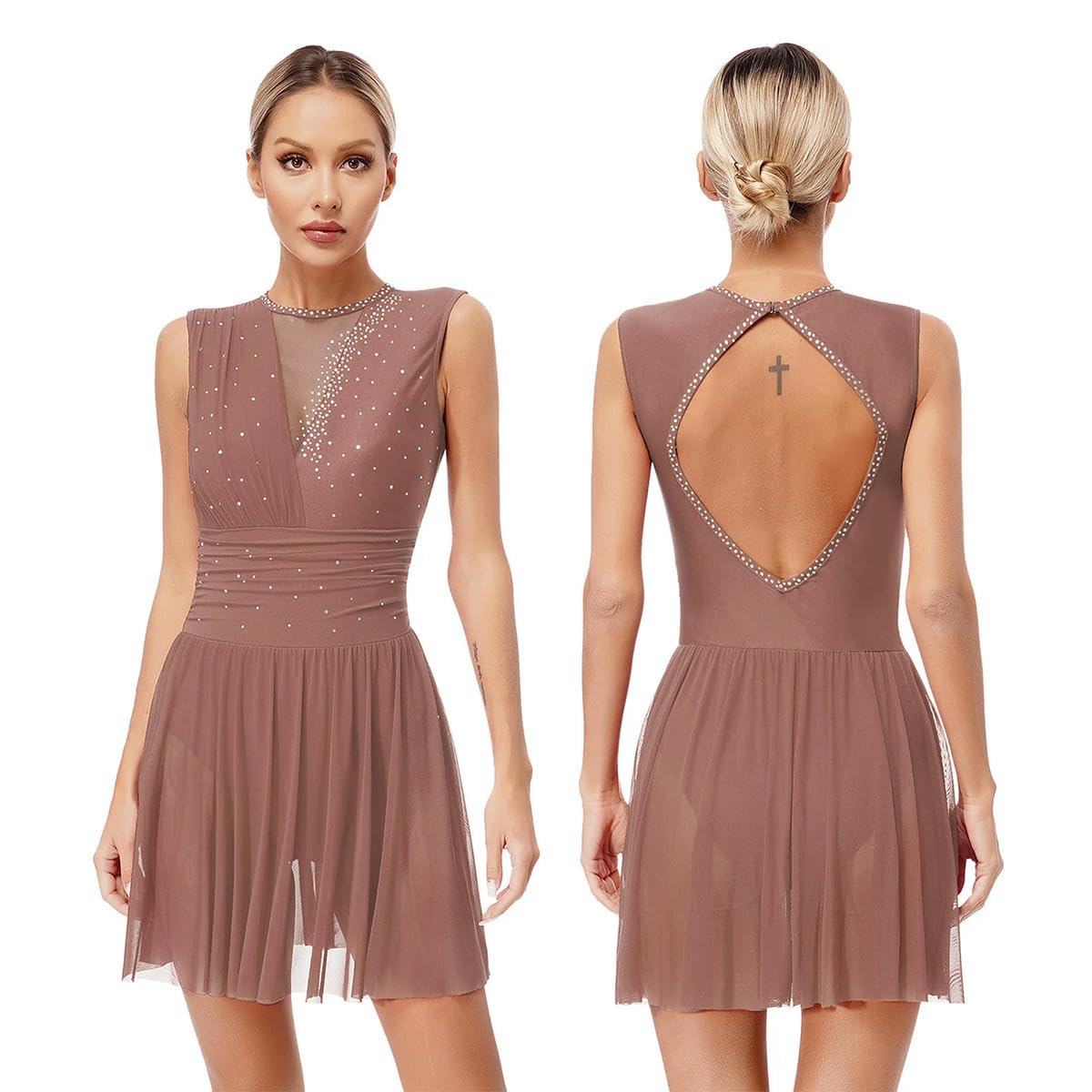Vestido de patinaje artístico para mujer, moderno, lírico, ballet, danza, sin mangas, para gimnasia, rendimiento