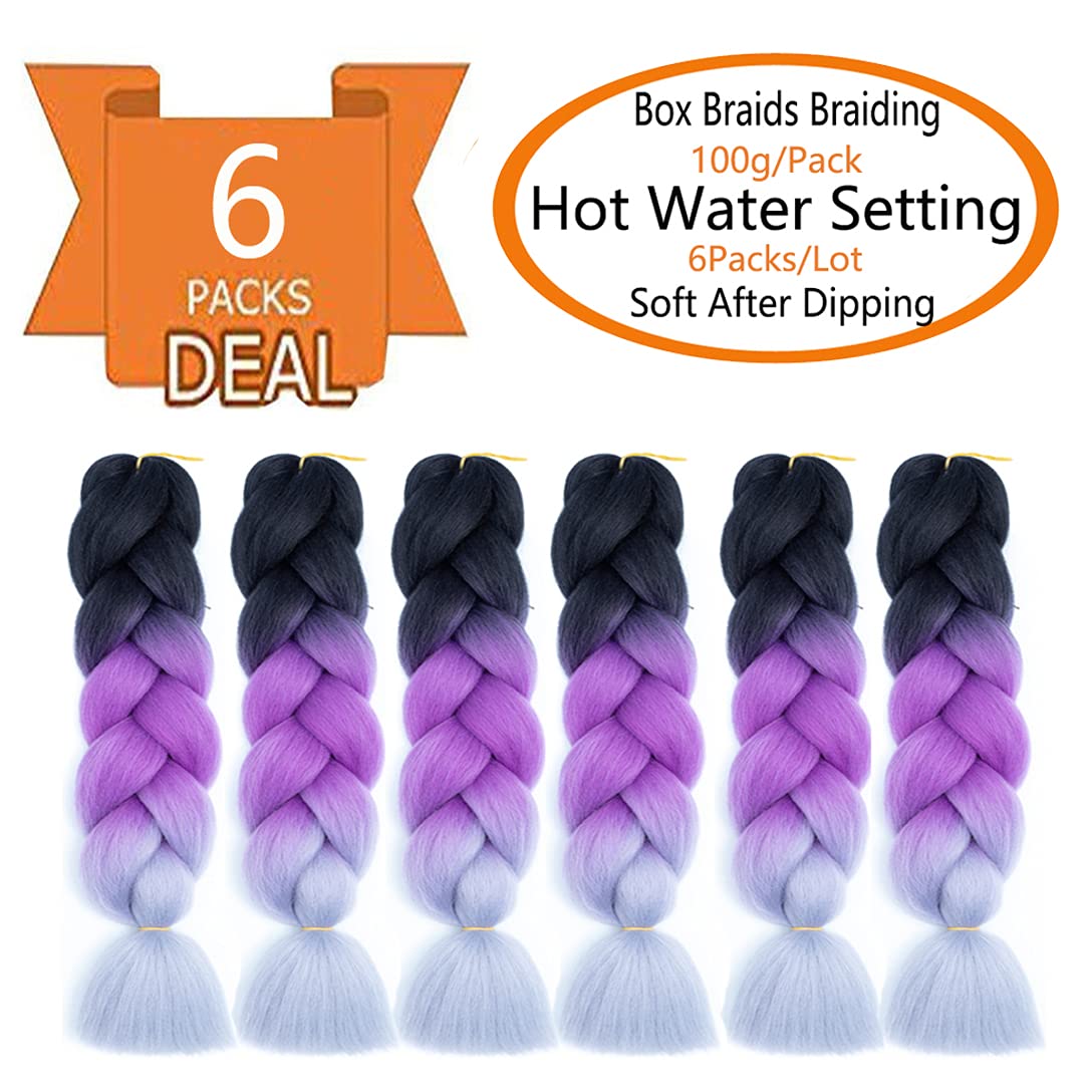 6 Packs Ombre Jumbo Braiding Hair Extensions 24 Inch High Temperature Synthetic Fiber Hair Extensions for Box Braids Braiding Hair (Black to Purple to Gray)