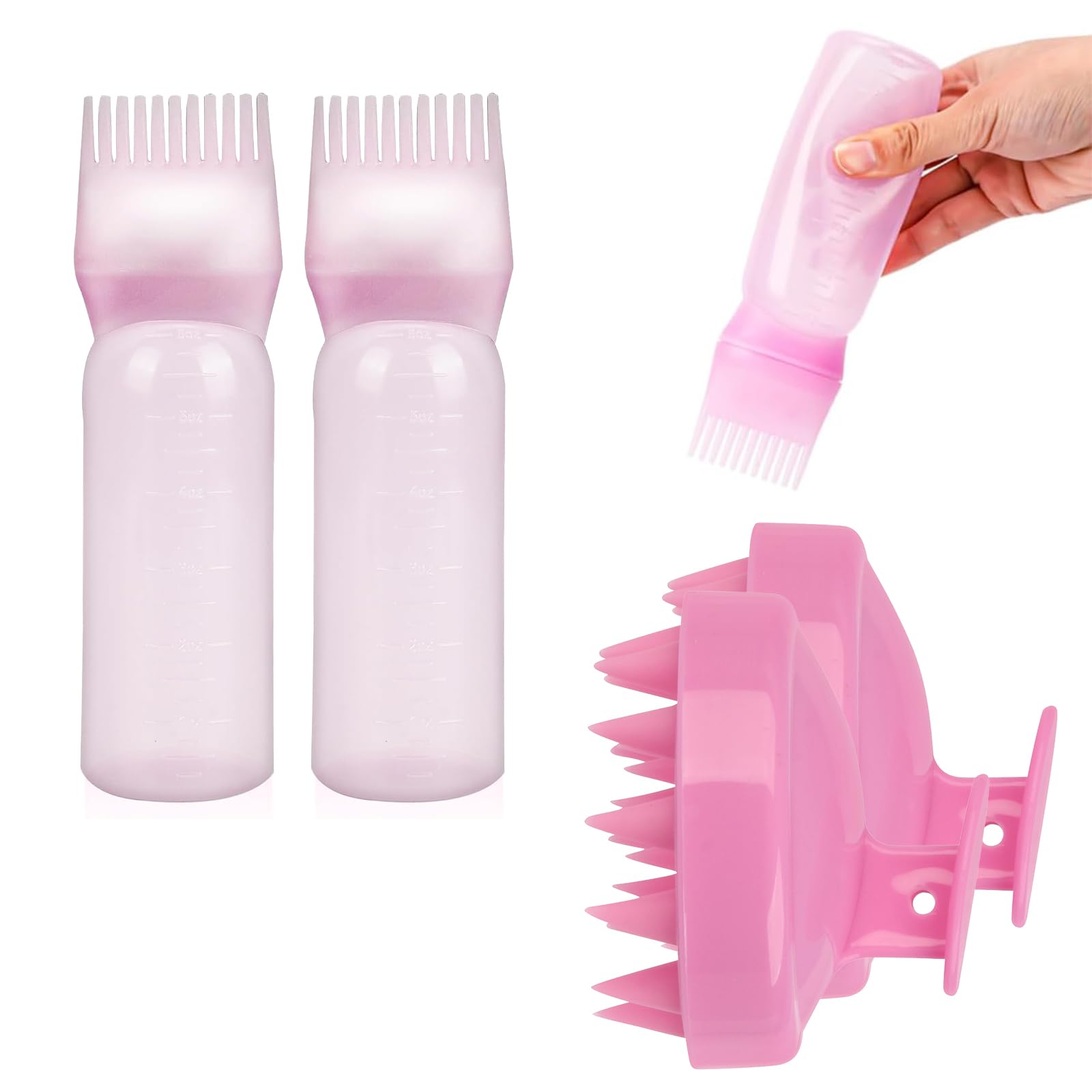 Set di applicatori di Olio per Capelli: 4 Pezzi (Bottiglia, Pettine per Radici, Spazzola per Massaggi). Strumento affidabile per colorante e Cuoio capelluto.