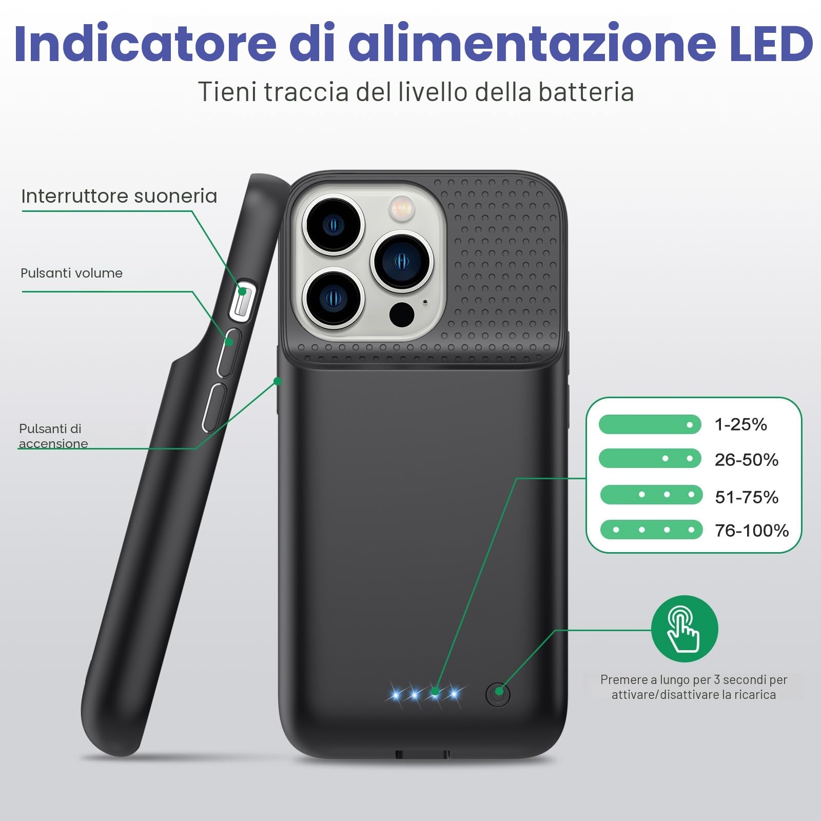 Custodia a batteria per iPhone 14/13 Pro/13, [7500 mAh] ricaricabile, con pellicola protettiva, caricabatterie portatile, potente power bank per iPhone 14/13 Pro/13