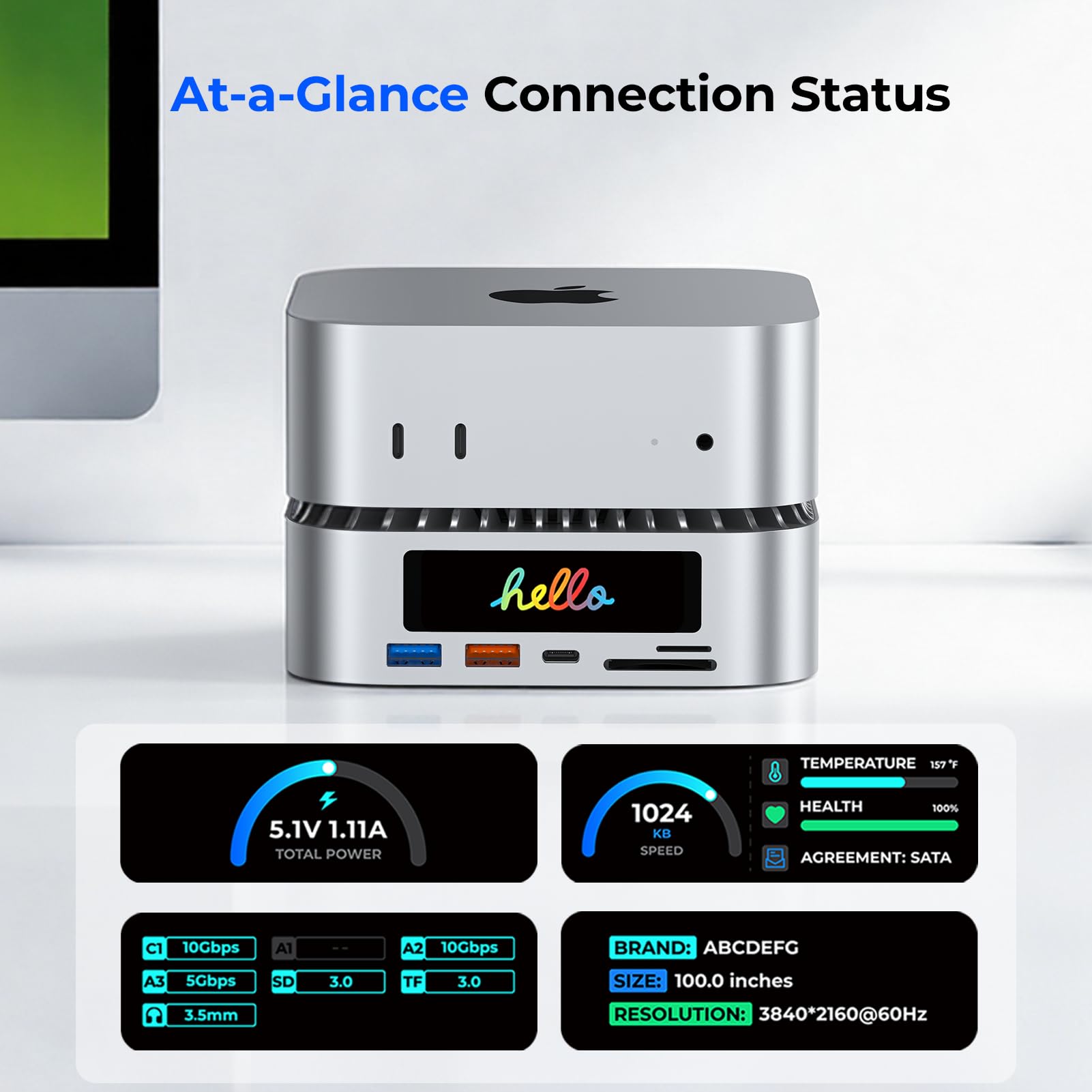 Dock multifuncional para Mac mini M4 com telas inteligentes