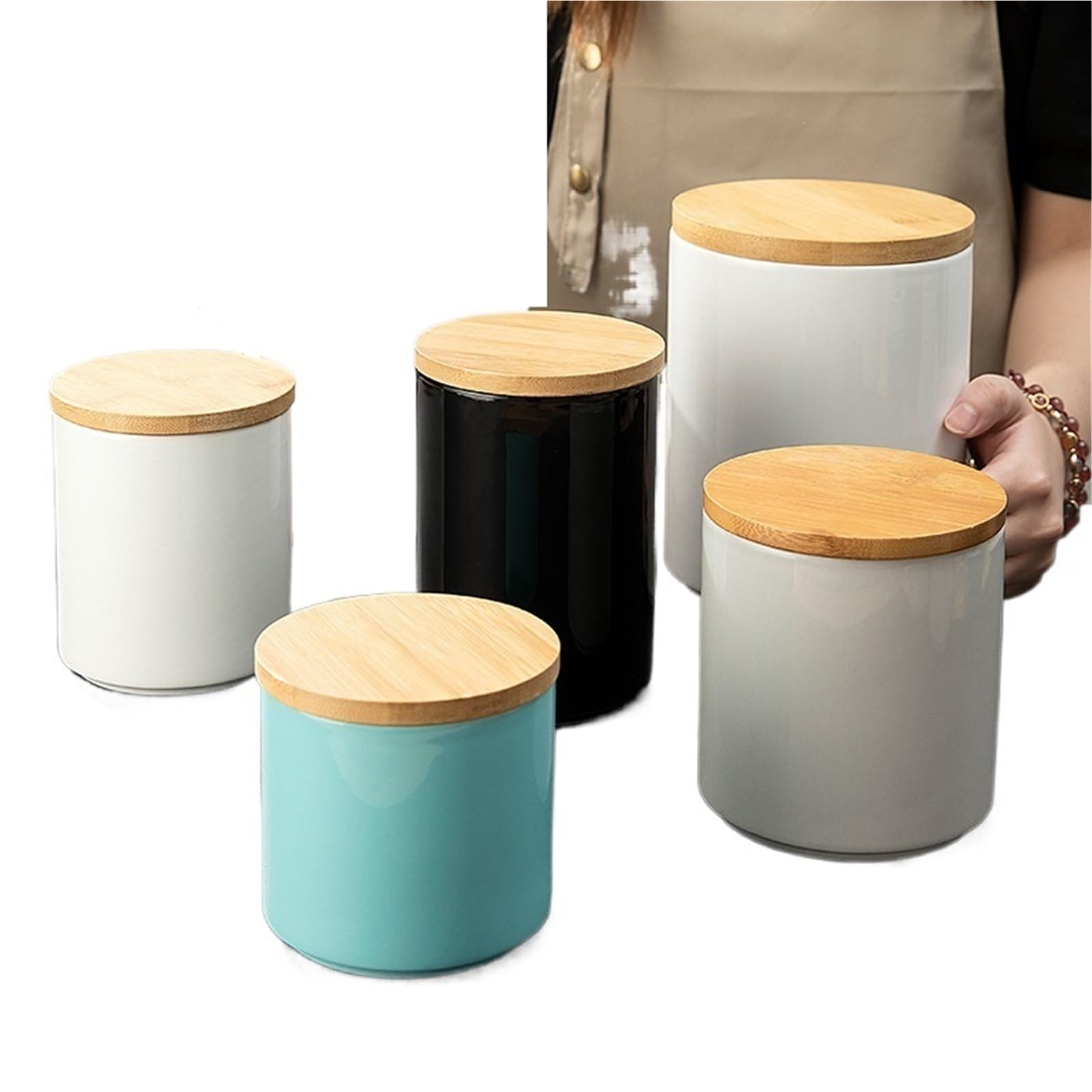 Boîtes de rangement en céramique pour grains de café 500/800/1900 ml avec couvercle en bambou (vert, 1900 ml)