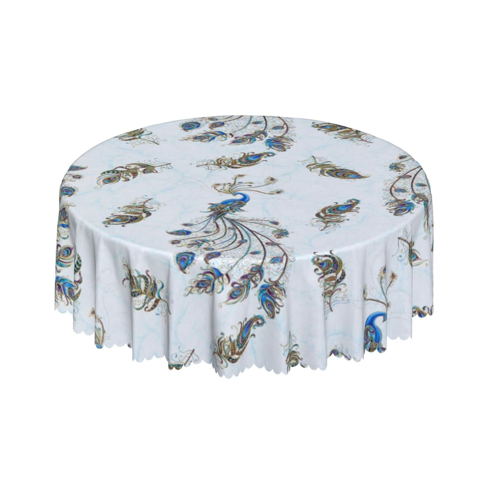 Lsjuee Peacock Beautiful Feather Golden Blue Round Tablecloth 60 Inch Printed Washable Tablecloth for Dining Party Holiday Fall Home Decorative