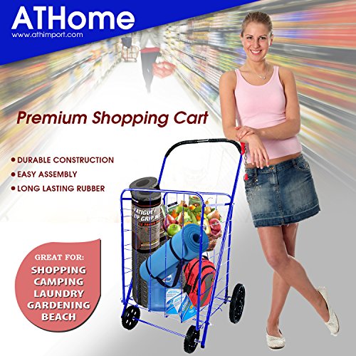 ATH Large Deluxe Rolling Utility / Shopping Cart - Stowable Folding Heavy Duty Cart with Rubber Wheels For Haul Laundry, Groceries, Toys, Sports Equipment, Blue