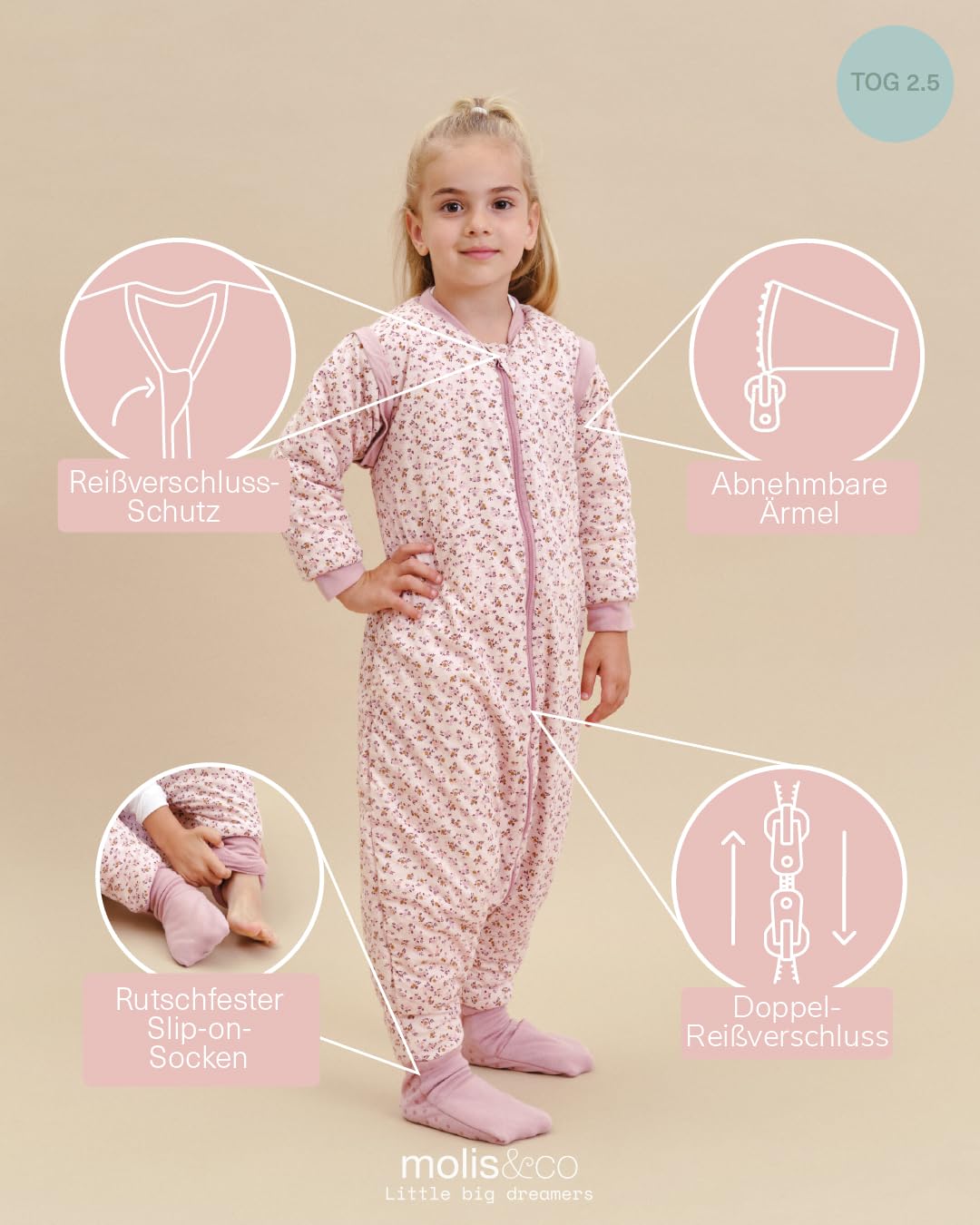 molis&co. Baby-Schlafsack mit Füßen, abnehmbare Ärmel und Socken. 2.5 TOG. Ideal für die Übergangszeit und den Winter. 100% Baumwolle (Oeko-TEX 100). (Misty Rose, 90 cm (3 Jahre))