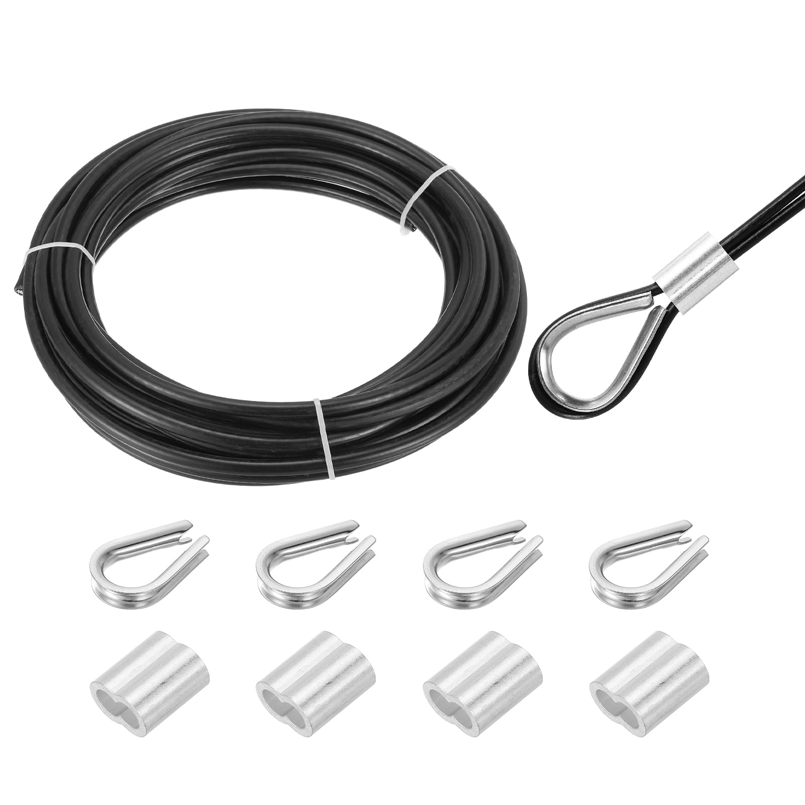 QUARKZMAN Cavo In Acciaio Inox 304 Rivestito In Vinile 8mm (5/16") Con 4 Pezzi Di Manicotti In Alluminio E Girella Per Ringhiere, Pavimentazioni, Appendere, Stendibiancheria, Nero 10m