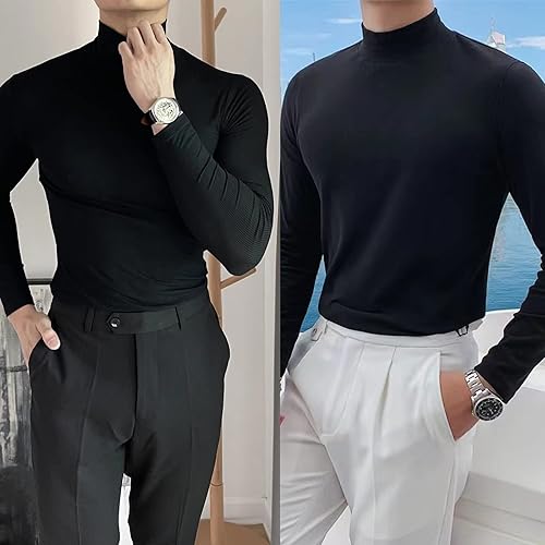 Miniatura 2 de LELEBEAR Practicein - Camiseta de manga larga para hombre con cuello alto y ajuste delgado básica cuello alto para hombre