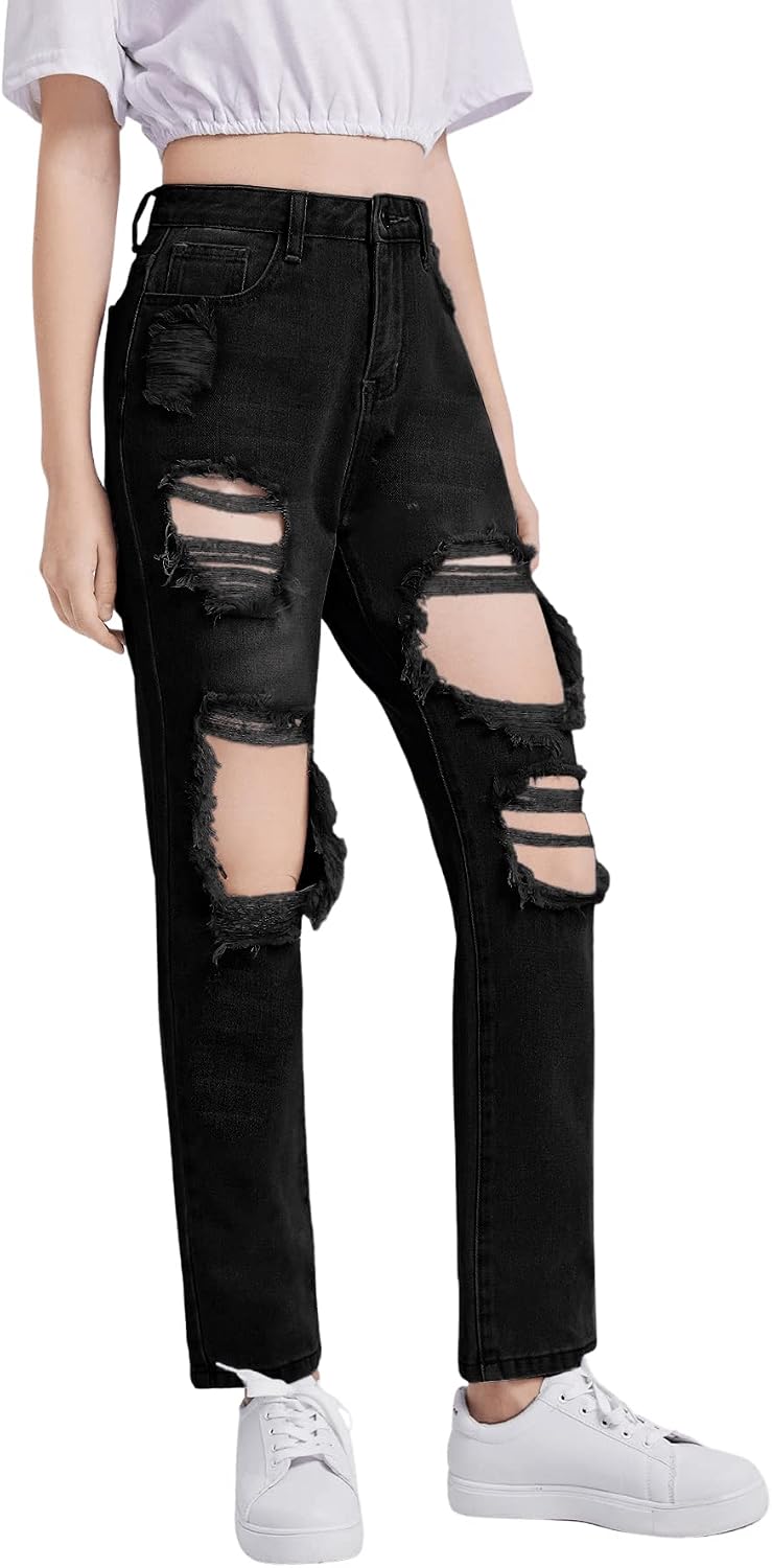 SweatyRocks Teen Girl's High Waisted Straight Leg Ripped Jeans Washed Denim Pants with Pockets