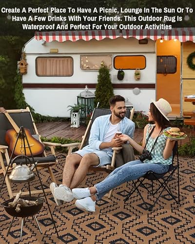 Outdoor Rugs - Reversible Mats, 5'X8' Plastic Straw Rug For Patio Clearance Waterproof, Indoor Outdoor Area Rug Carpet For Outside, Rv, Deck, Picnic, Beach, Trailer, Camping(Black & Brown) #TOP4