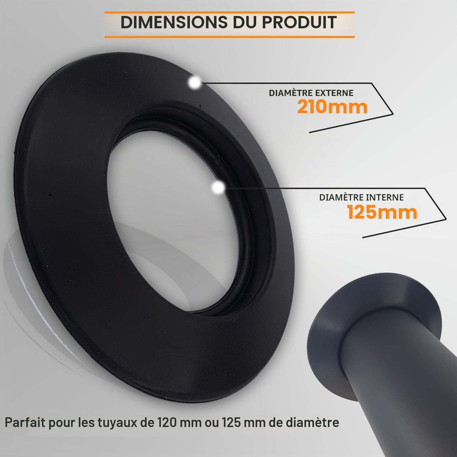 TYGERIX® Rosace Murale en Silicone Noir 120 et 125 mm | Rosette flexible pour couvrir les tuyaux de chaudière, les poêles et tout système | Résistance aux hautes températures | Indéformable | Certifié