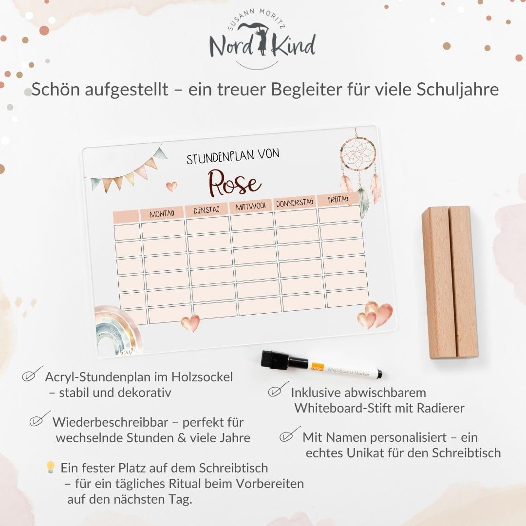 Nord-Kind personalisierter Stundenplan aus Acryl – abwischbar & wiederverwendbar – für Kinder der 1. Klasse zur Einschulung – Mädchen & Jungen (Boho2)