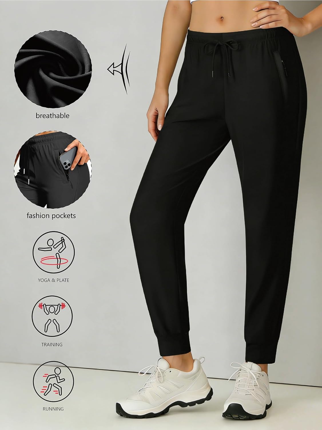 Women's Stretchy Hiking Pants Lightweight Quick-Drying Sweatpants Joggers for Running with Zippered Pockets - Image 5