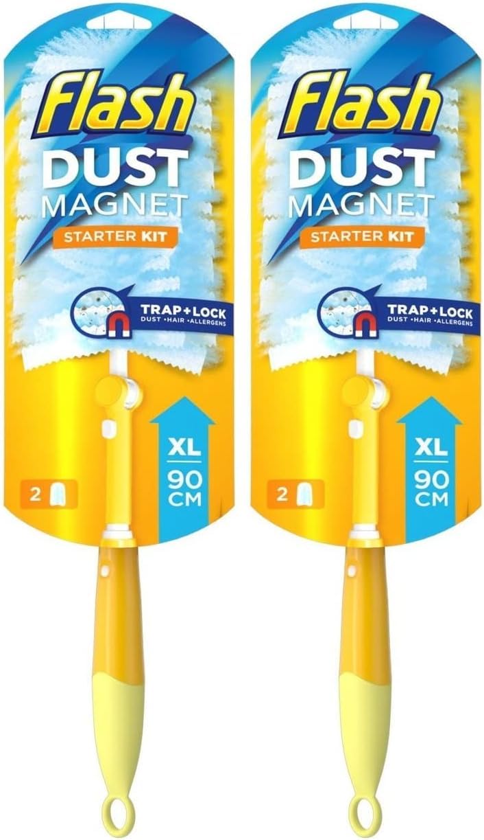 Mettaworld Yellow Flash Dust Magnet Xl (Handle Extendable To 90Cm), Duster Starter Kit (Includes: 1 X Handle And 2 X Refills), 2Pk