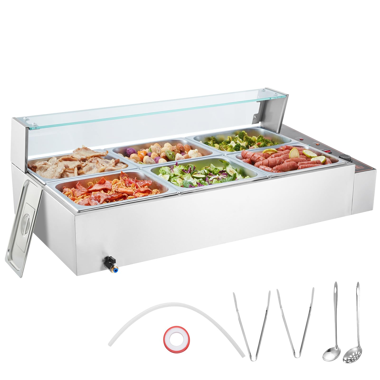 VEVOR 6-Pan Commercial Food Warmer, 6 x 8QT Electric Steam Table with Glass Cover, 1500W Countertop Stainless Steel Buffet Bain Marie 86-185°F Temp Control for Catering, Restaurants, Silver