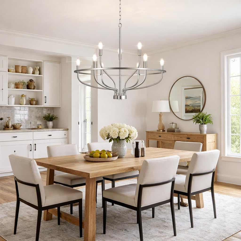 30" Brushed Nickel Chandelier, 9-Light Modern Chandelier for Dining Room Lighting Fixtures Hanging, Pendant Lights for Kitchen Island, Living Room, Bedroom Height Adjustable (Bulbs Not Included)