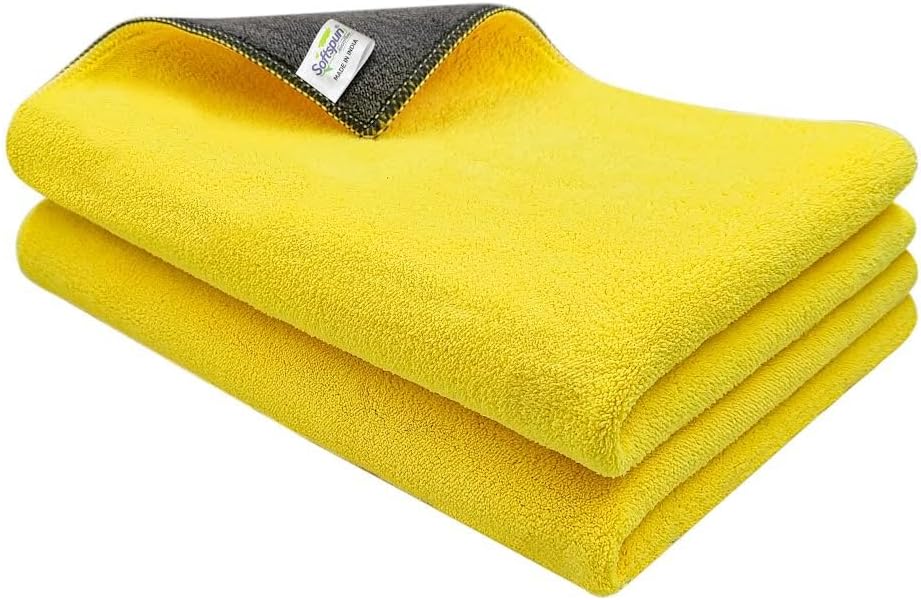 SOFTSPUN 900 GSM, Microfiber Cloth 40x60 Cms 2 Piece Yellow+Grey Towel Set, Extra Thick Microfiber Cleaning Cloths Perfect for Bike, Auto, Cars Both Interior and Exterior.
