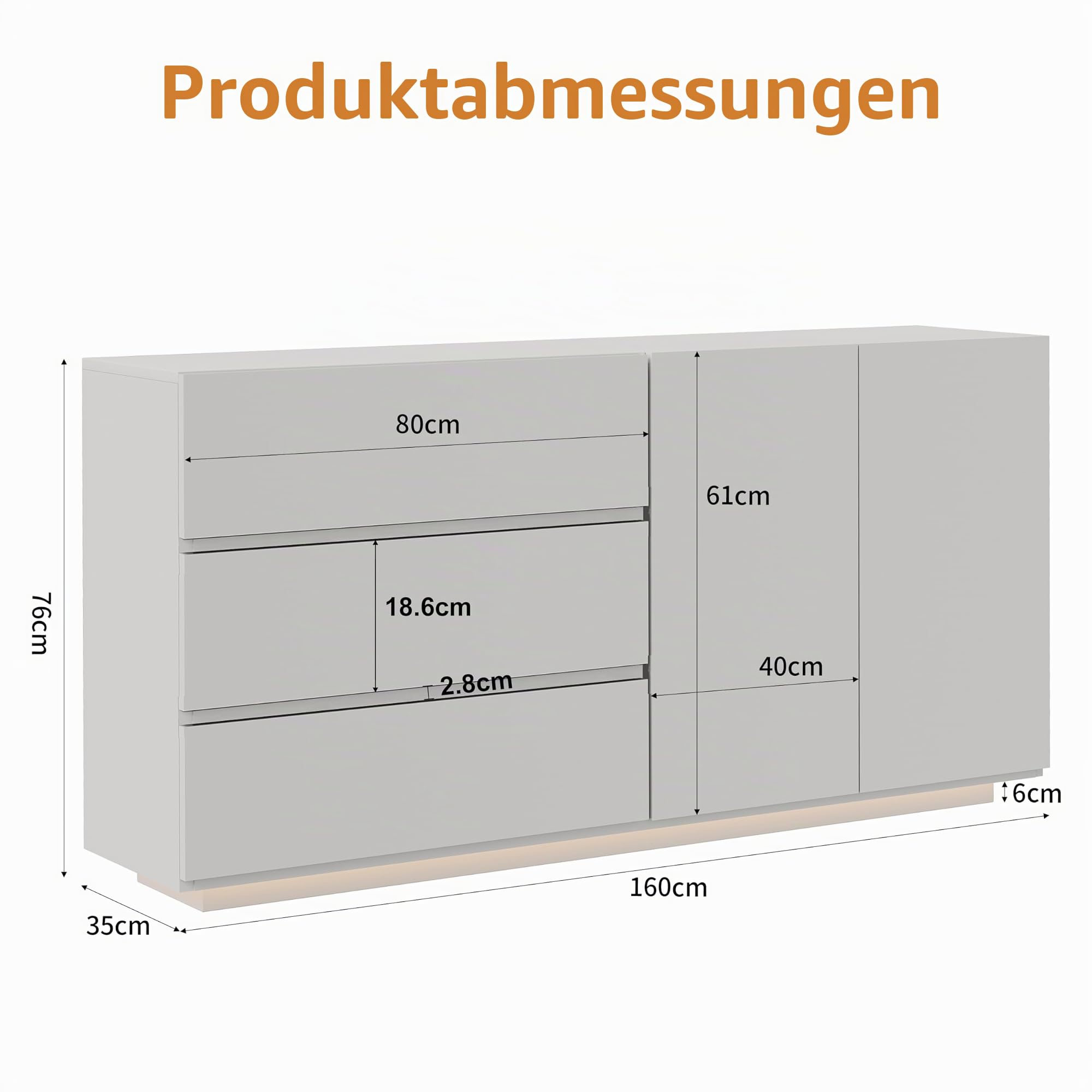 DULRLLY Kommode Weiß Hochglanz mit LED Beleuchtung, Sideboard Weiss Hochglanz 160cm mit 2 Türen und 3 Schubladen, Küchenschrank Buffets Anrichte, Buffetschrank Modern für Schlafzimmer Esszimmer Flur